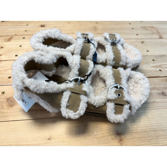 ZARA Women's Fur Lined Buckle Strap Flat Sandals‎ Tan Size US 8 EUR 39 - Picture 2 of 6